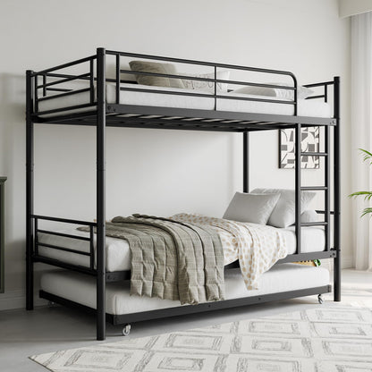 Yafornis Twin Bunk Bed with Trundle, Heavy Duty Metal Bunk Beds with Ladder and Full-Length Guardrail, Noise Free, No Box Spring Needed, Black