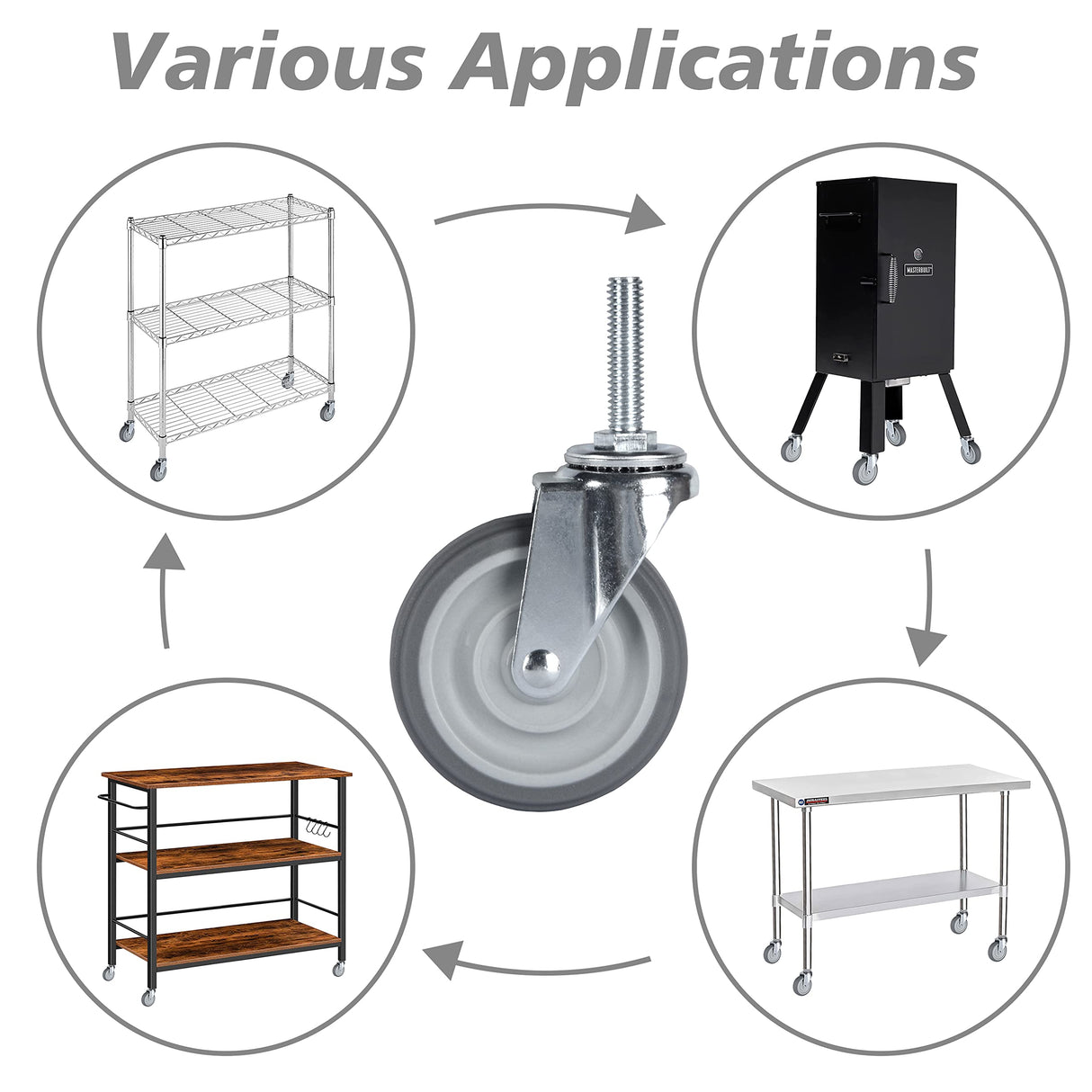 Finnhomy Caster Wheels 3 Inch Set of 4 Heavy Duty Threaded Stem Casters 3/8"-16 x 1-1/2" Swivel Rubber Industrial Castors Premium Wheels for Wire Shelving/Furniture/Carts Load Bearing 720 Lbs Gray Finnhomy