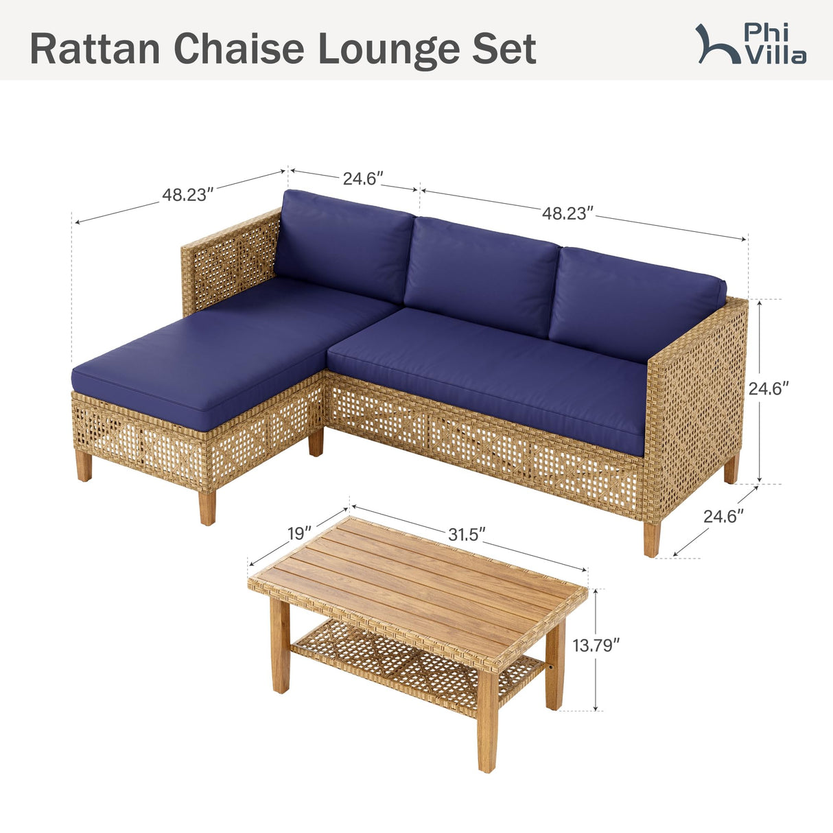 PHI VILLA Wicker Patio Furniture Set, Outdoor L-Shaped Sectional Sofa with Cushions and Acacia Wood Coffee Table, Boho Style for Garden, Deck, or Poolside Lounge，Navy Blue PHI VILLA