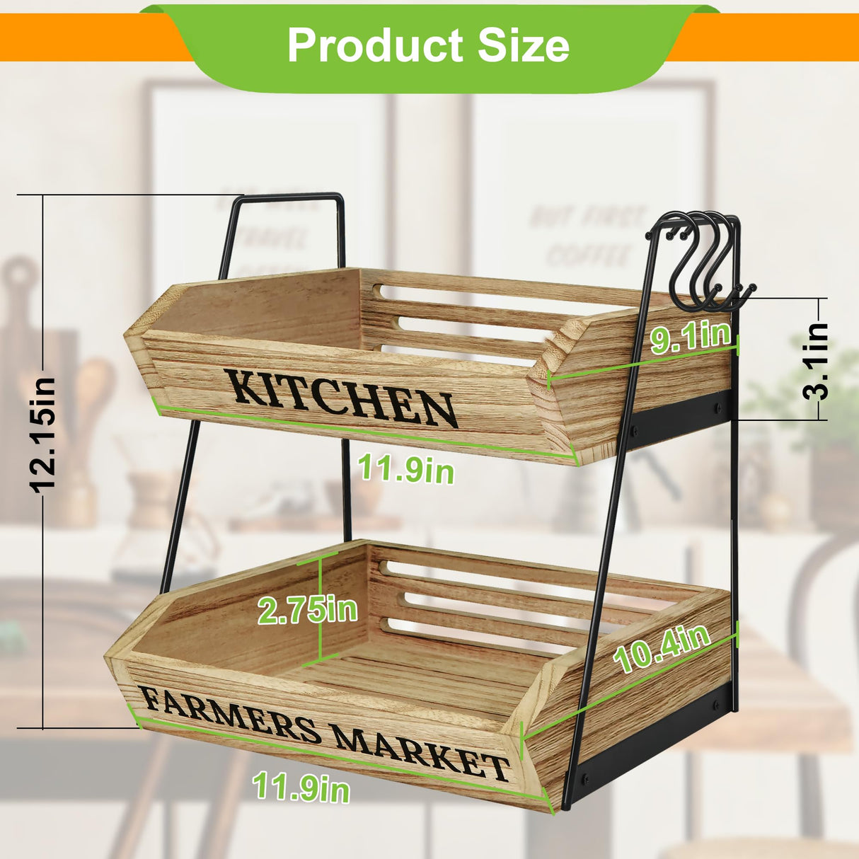 Esbainia Fruit Basket for Kitchen Countertop, 2 Tier Fruit Bowl with 3 Banana Hangers, Large Capacity Fruit Stand Storage Holder, Wooden Basket for Fruit Vegetables Snack, Kitchen Organizer Decor Esbainia
