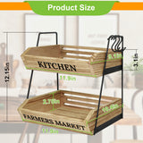 Esbainia Fruit Basket for Kitchen Countertop, 2 Tier Fruit Bowl with 3 Banana Hangers, Large Capacity Fruit Stand Storage Holder, Wooden Basket for Fruit Vegetables Snack, Kitchen Organizer Decor Esbainia