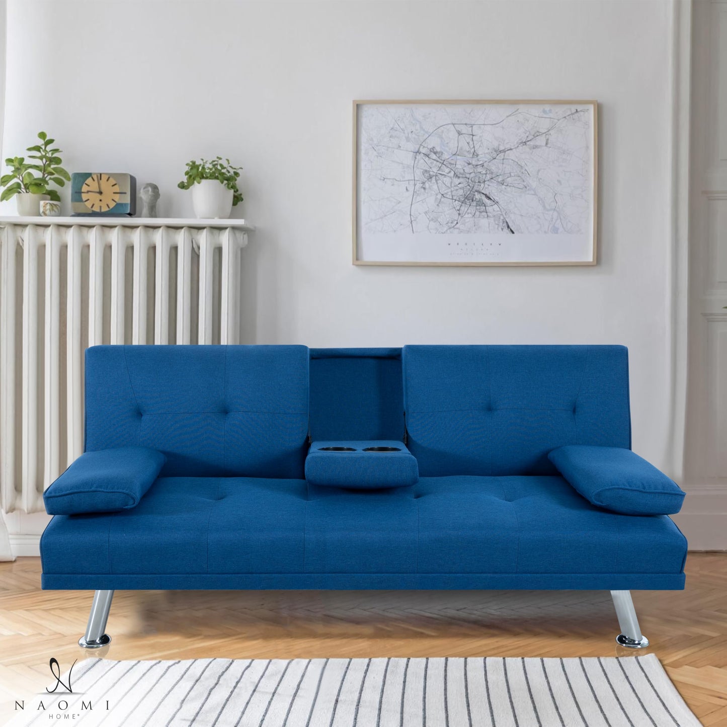 Naomi Home Blue Futon Sofa Bed, Linen Futon Couch with Armrest and 2 Cupholders, Pull Out Sofa Bed Couch with Metal Legs, Reclining Small Couch Bed, Blue Couches for Living Room