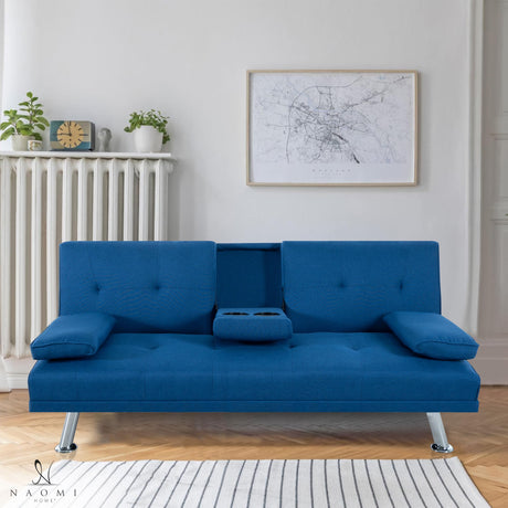 Naomi Home Blue Futon Sofa Bed, Linen Futon Couch with Armrest and 2 Cupholders, Pull Out Sofa Bed Couch with Metal Legs, Reclining Small Couch Bed, Blue Couches for Living Room Naomi Home