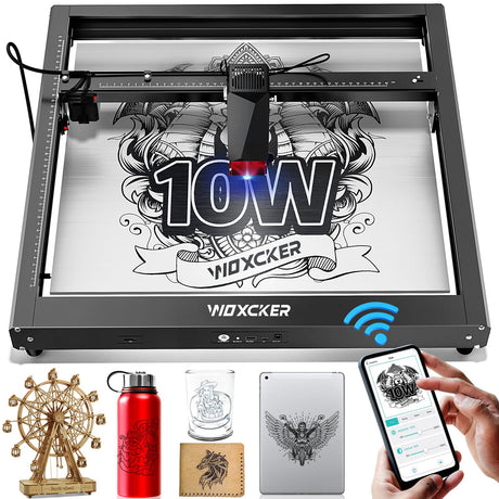 Laser Cutting and Engraving Machine, JL7 10W Laser Engraver, APP Supported, 0.01mm High Accuracy High Speed 400 * 400mm Size for Wood and Metal Leather Acrylic Glass Output Wattage: 10000mW Woxcker