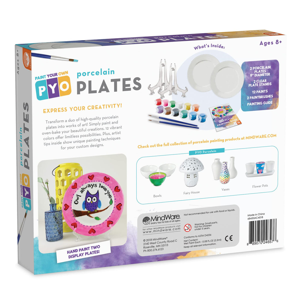 MindWare Paint Your Own Porcelain Plates - Kit Includes 2 Porcelain Plates, 12 Paints, 2 Paint Brushes, and 2 Stands MindWare