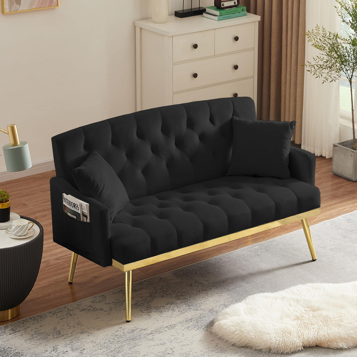 Small Loveseat Sofa, 55.5-inch Modern Sofa Couch with with 2 Side Pockets, Modern Tufted Sofa with Golden Metal Legs, Upholstered Space Saving Love Seat for Living Room, Bedroom, Office, Black KINFFICT