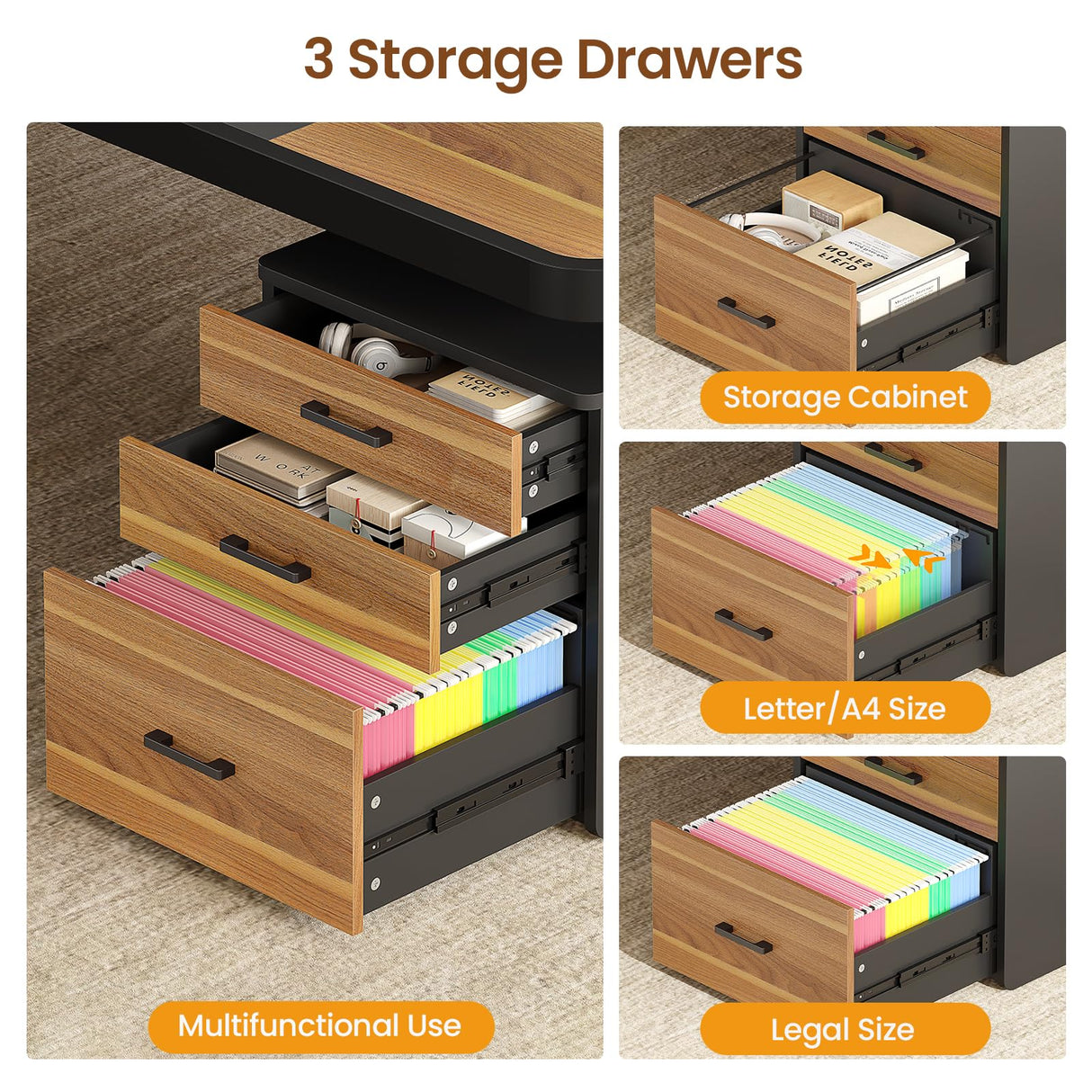 Itaar 70.9" Executive Desk, Large Computer Desk with Drawers and Lateral File Cabinet, Office Desk with Removable Shelves, Business Furniture Desk Workstation for Home Office, Brown2133 Itaar
