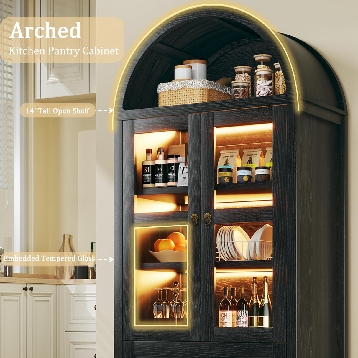 HUAHUU 71" Tall Arched Kitchen Pantry, Arched Cabinet with LED Lights, Kitchen Storage Cabinets with 2 Large Drawers & Adjustable Shelves & Glass Door for Living Room, Dining Room, Black HUAHUU