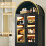 HUAHUU 71" Tall Arched Kitchen Pantry, Arched Cabinet with LED Lights, Kitchen Storage Cabinets with 2 Large Drawers & Adjustable Shelves & Glass Door for Living Room, Dining Room, Black HUAHUU