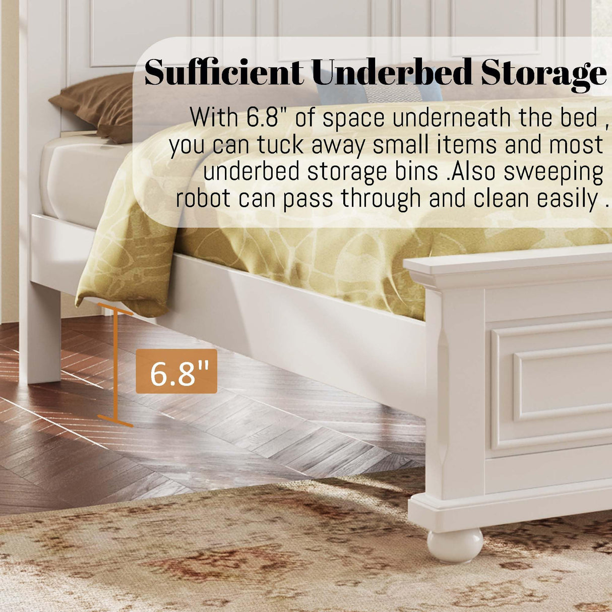 Mirightone King Size Platform Bed with Tall Headboard & Footboard in White Pinewood Mirightone