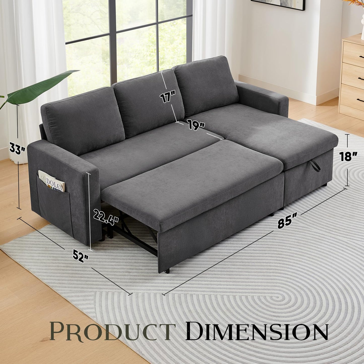 Zelimon Sleeper Sofa, 85'' Pull-Out Convertible Sofa Bed, Lounge Soft Futon Sofa, Detachable Chenille Cover, Couches for Living Room/Office/Apartment, Grey