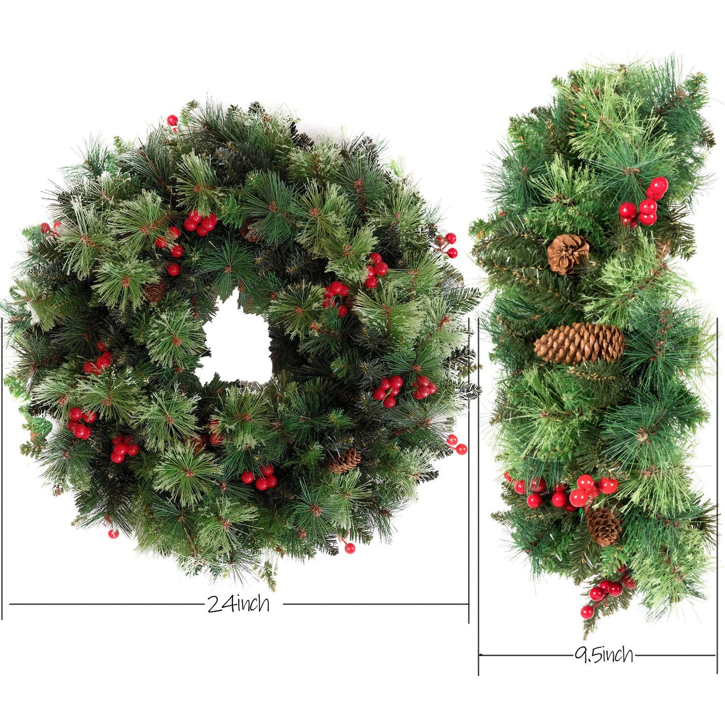 Artificial Christmas Wreath with Pine Cones and Red Berries,24 Inch Xms Decorations Unlit