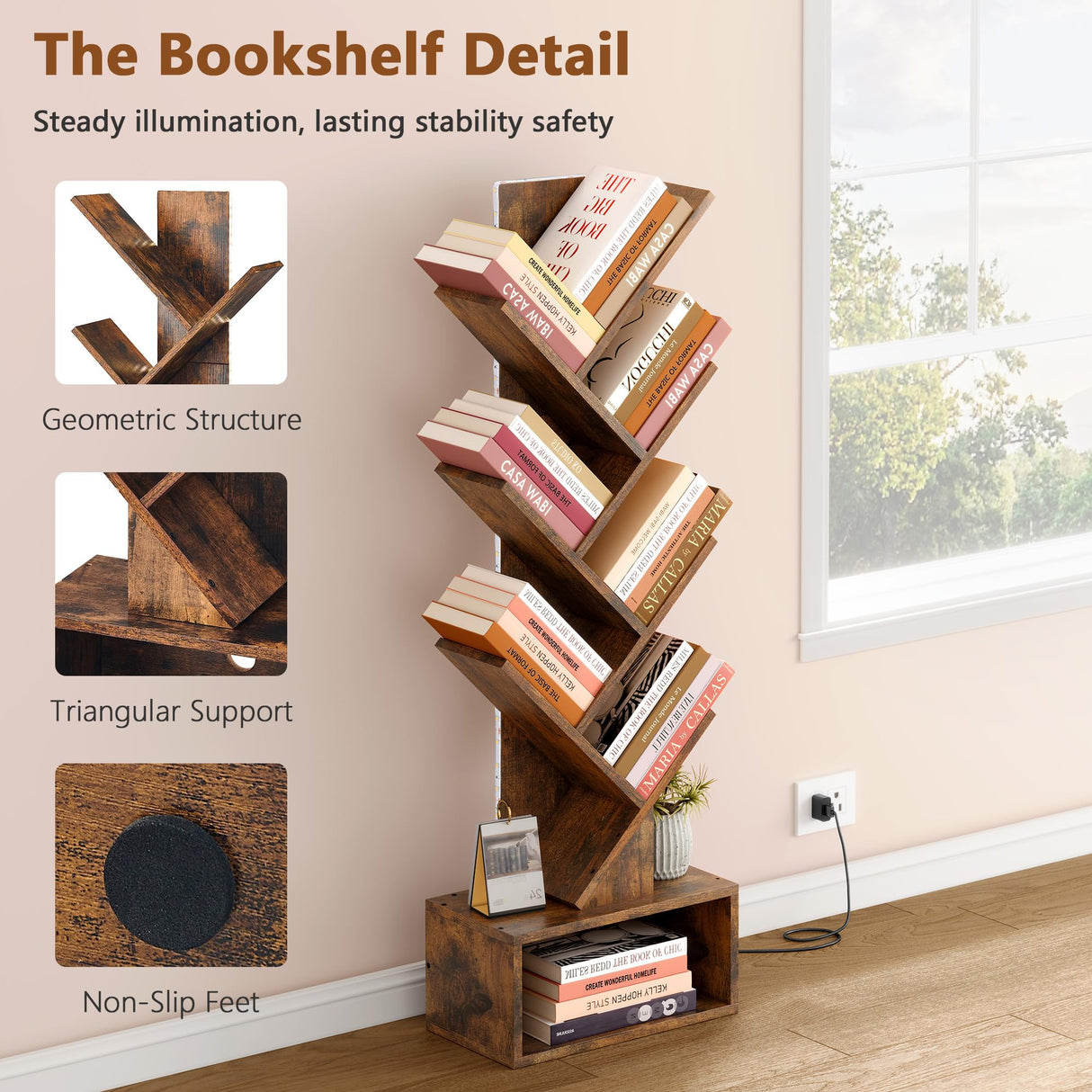 Hoctieon 6 Tier Tree Bookshelf, Tall Bookcase, Freestanding Book Shelf with LED Lights, Display Floor Standing Storage Shelf, Book Organizer Shelves for Home Office, Living Room, Rustic Brown Hoctieon