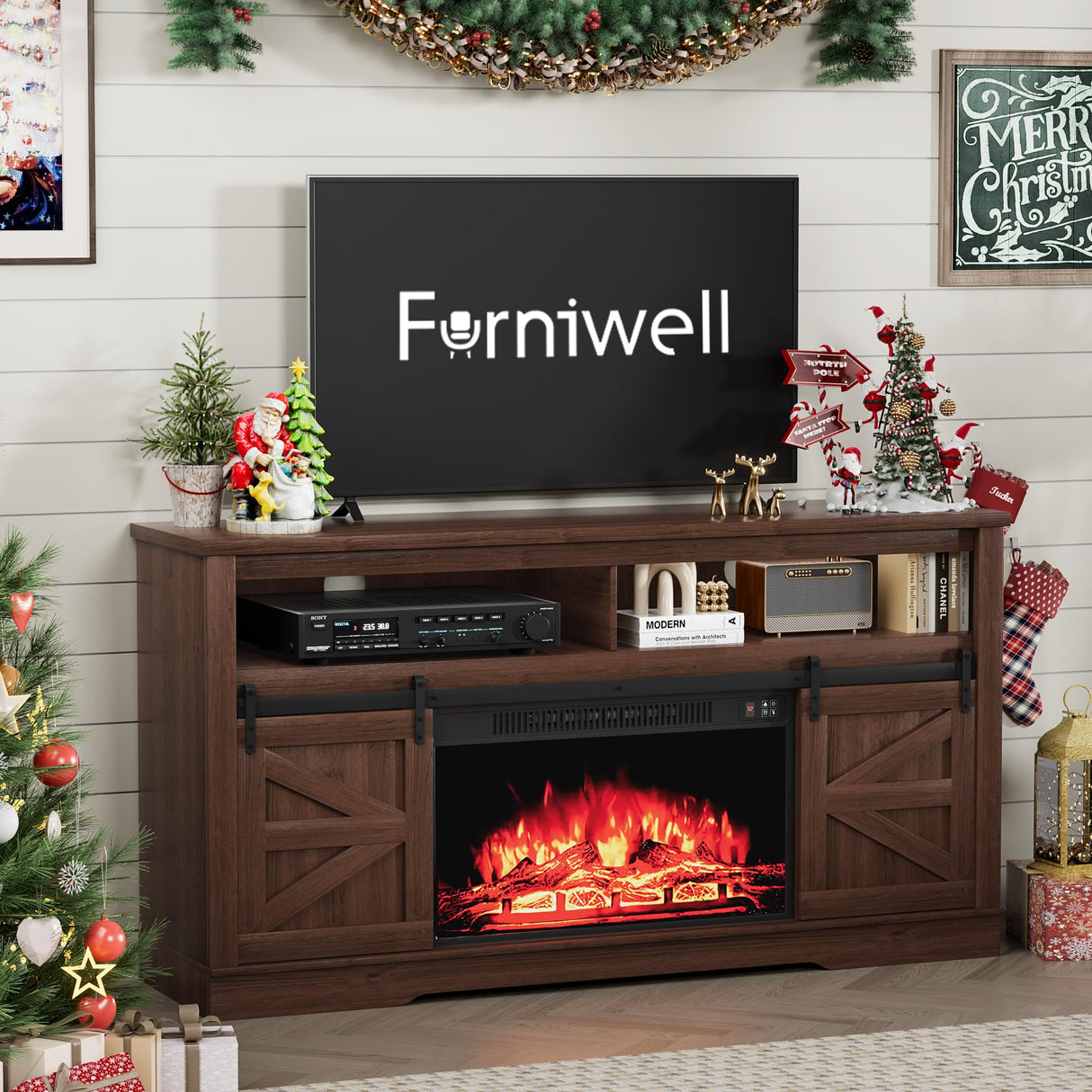 Furniwell Electric Fireplace TV Stand for TVs up to 65", Media Entertainment Center with 26” Fireplace, Farmhouse Console with Sliding Barn Door and Adjustable Storage Shelves for Living Room (Brown) Furniwell