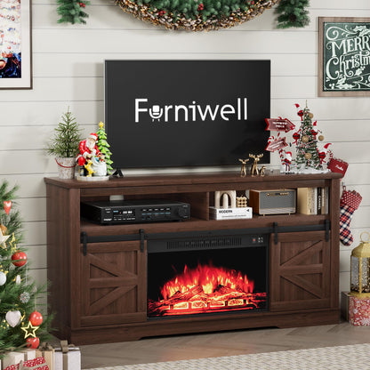 Furniwell Electric Fireplace TV Stand for TVs up to 65", Media Entertainment Center with 26” Fireplace, Farmhouse Console with Sliding Barn Door and Adjustable Storage Shelves for Living Room (Brown)