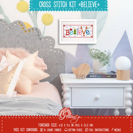 Counted Cross Stitch Kit 'Believe' - Embroidery Set for The Holidays, Encouragement, or Inspiring Everyday Possibilities with a Christmas Tree, Snowflake, Deer and Santa Hat Povitrulya