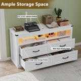 METOTI White Dresser for Bedroom with LED Lights, Farmhouse 4 Drawers Dresser with Open Shelf, Rustic Wood Chest of Storage Organizer Drawers for Living Room, Hallway METOTI