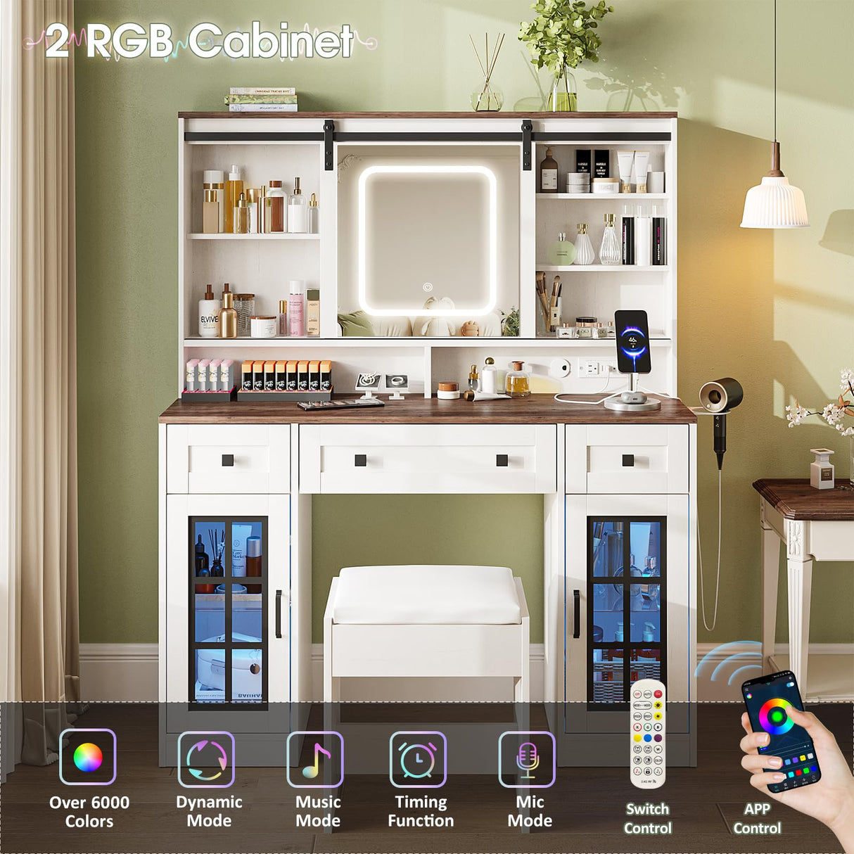 Maupvit Farmhouse Makeup Vanity Desk with Sliding Mirror, 45.5'' Vanity Set with 3 Drawers & 2 RGB LED Cabinets & Charging Station, Ample Storage, Stool Included, Antique White Maupvit