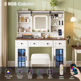 Maupvit Farmhouse Makeup Vanity Desk with Sliding Mirror, 45.5'' Vanity Set with 3 Drawers & 2 RGB LED Cabinets & Charging Station, Ample Storage, Stool Included, Antique White Maupvit