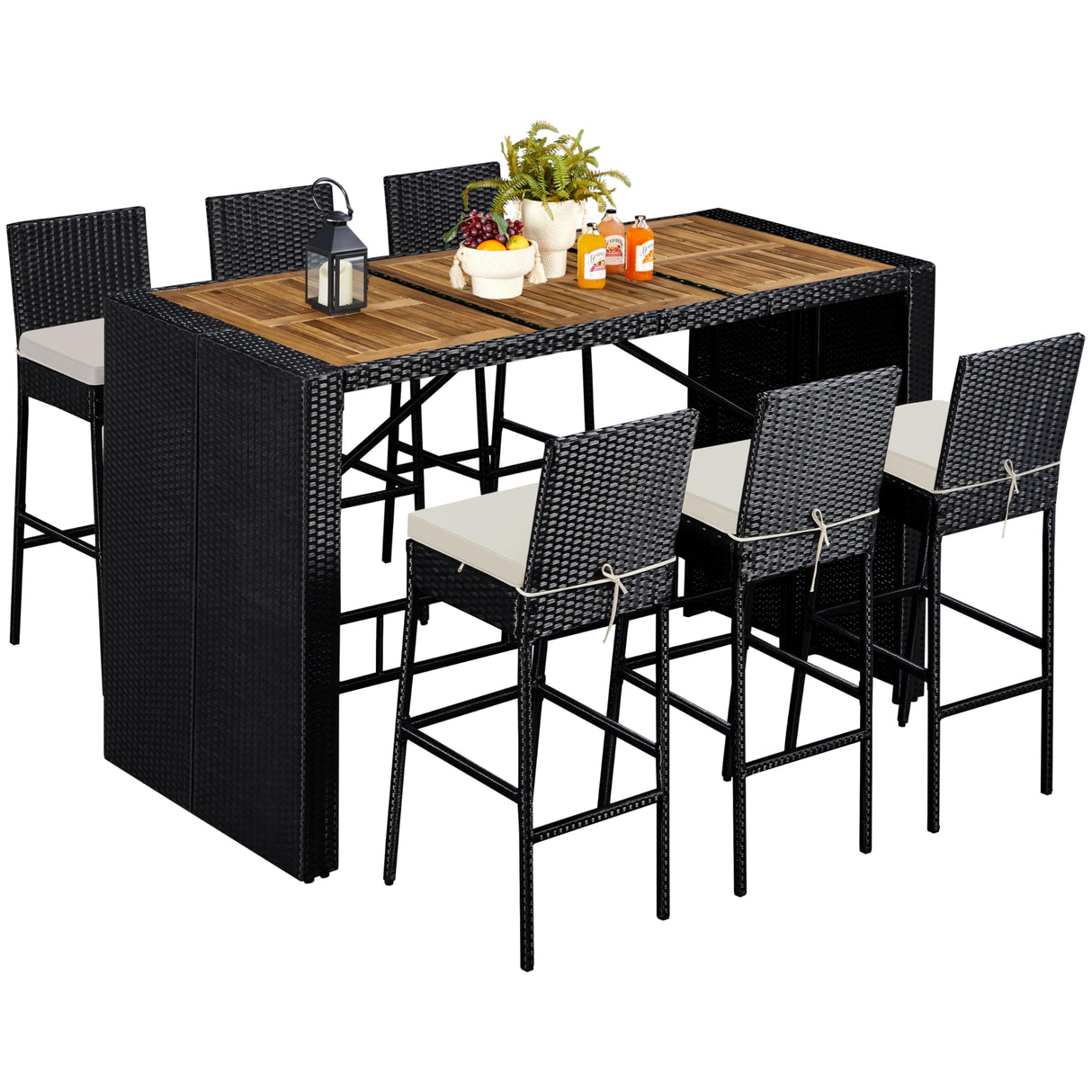 Yaheetech 7 Piece Patio Dining Set Outdoor Acacia Wood Bar Table and Chairs with Removable Cushions, Wicker Furniture Set for Deck, Backyard, Garden, Black/Beige Yaheetech