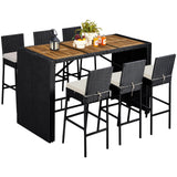 Yaheetech 7 Piece Patio Dining Set Outdoor Acacia Wood Bar Table and Chairs with Removable Cushions, Wicker Furniture Set for Deck, Backyard, Garden, Black/Beige Yaheetech