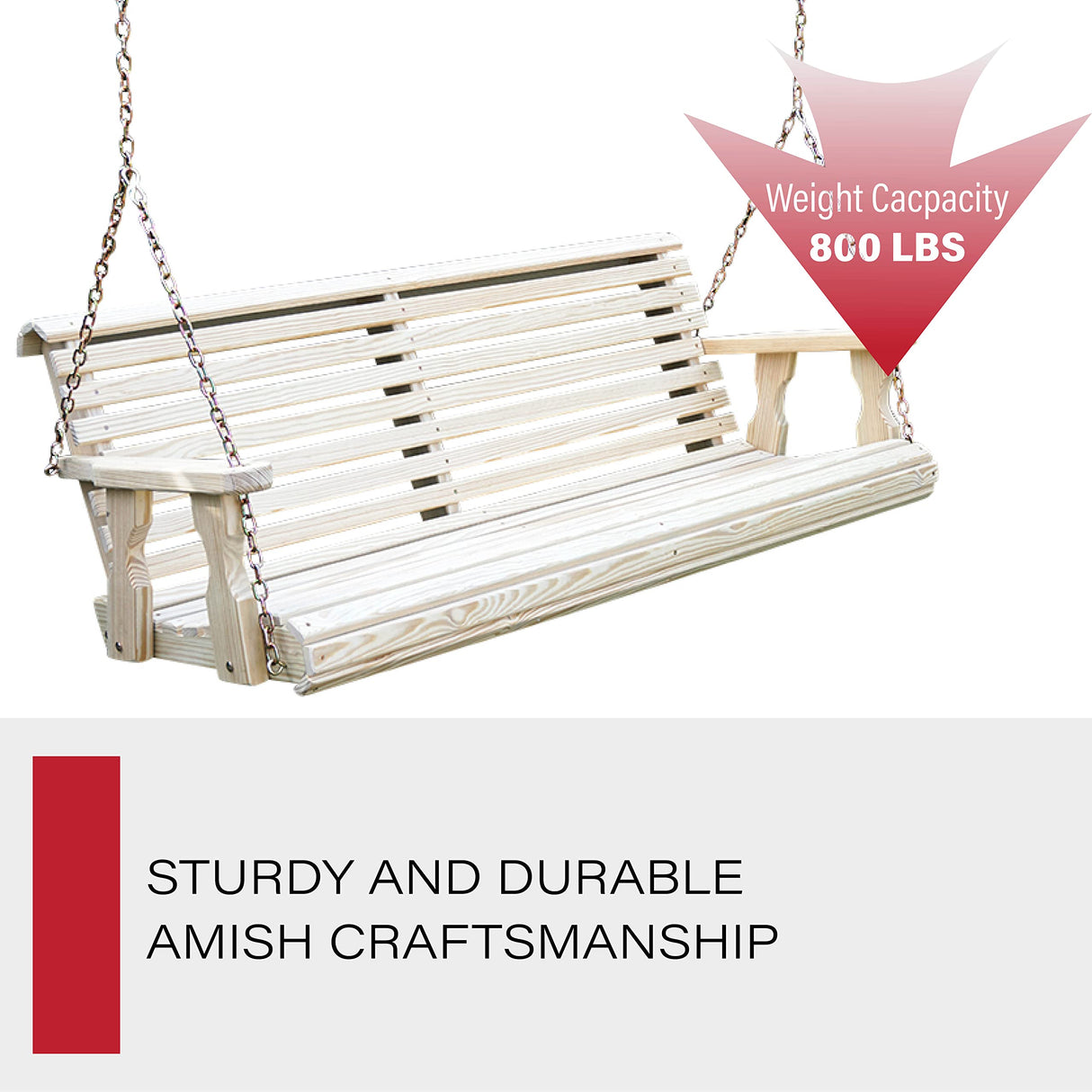 Amish Casual Heavy Duty 800 Lb Roll Back Treated Porch Swing with Hanging Chains (5 Foot, Unfinished) Amish Casual