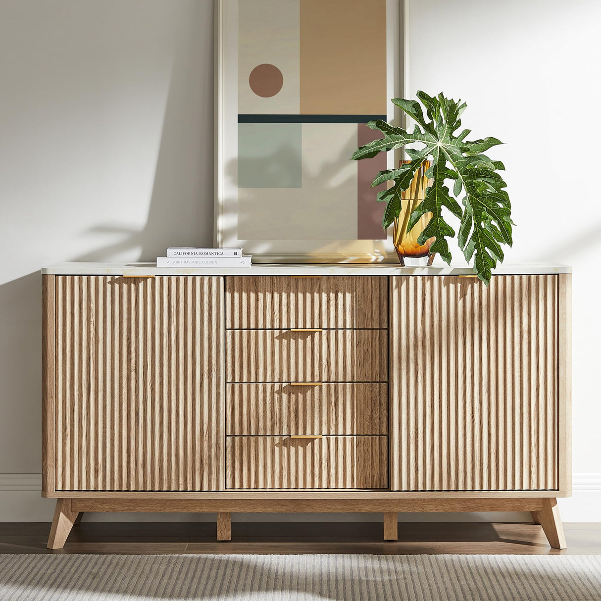 T4TREAM 60" Fluted Dresser with Sliding Doors and 4 Drawers, Modern Chest w/Faux Marble Top, Curved Profile Design, Dresser TV Stand, Wood Drawer Organizer for Bedroom, Living Room, Natural Oak T4TREAM