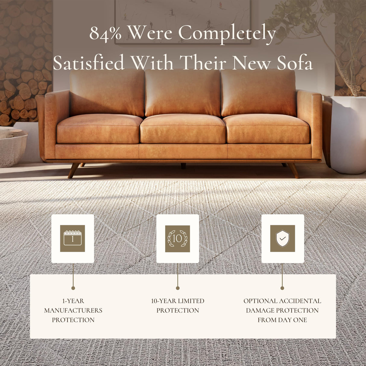 POLY & BARK Nolita 85" Sofa – Cognac Tan Full-Grain Pure-Aniline Italian Leather, Feather-Down Cushioning, Solid Rubberwood Base & Legs POLY & BARK