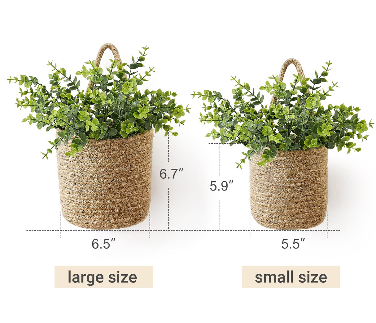 Dahey 2 Pack Wall Hanging Rope Basket with Artificial Eucalyptus Farmhouse Decor, Jute Woven Storage Organizer Flower Plants Basket Set Rustic Wall Decor for Porch Living Room Bedroom Entryway,Brown Dahey