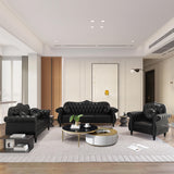 RUSTYER Chesterfield Three Seater Sofa, Mid-Century Modern Faux Leather 3-Seater Upholstered Couch, Tufted Living Room Sofa with 2 Pillows and Button Nailhead, Black RUSTYER