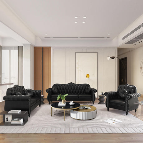 RUSTYER Chesterfield Three Seater Sofa, Mid-Century Modern Faux Leather 3-Seater Upholstered Couch, Tufted Living Room Sofa with 2 Pillows and Button Nailhead, Black RUSTYER