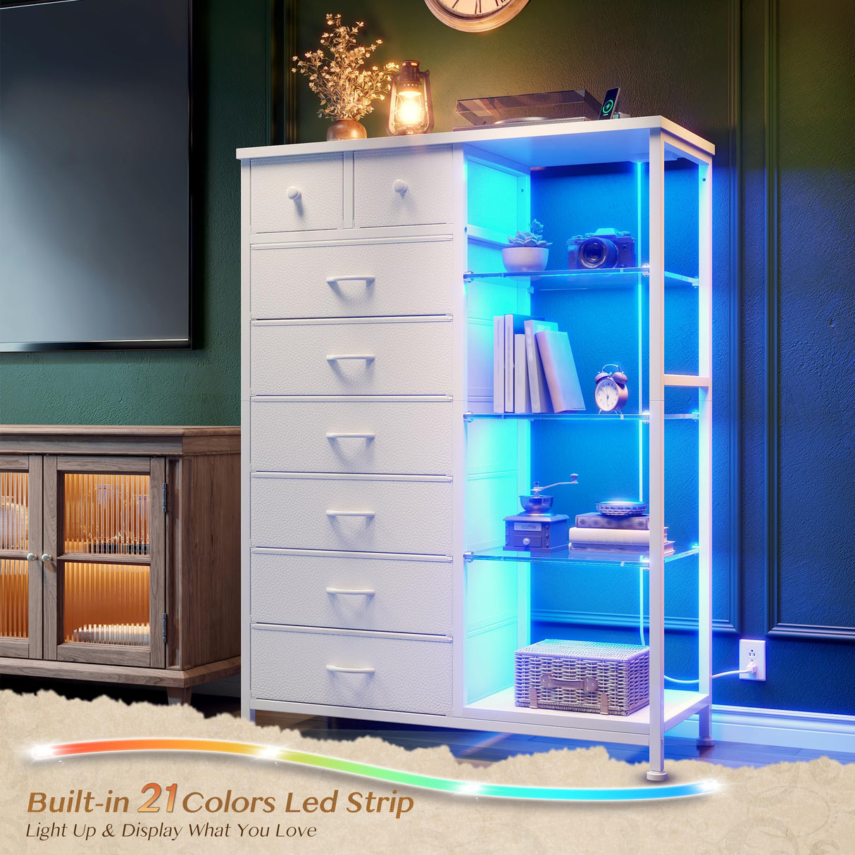 EnHomee Dresser for Bedroom with LED Lights & Power Outlets Dresser with 8 Drawers Fabric Dressers & Chests of Drawers for Bedroom, Sturdy Metal Frame, Acrylic Plates (White) EnHomee