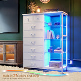 EnHomee Dresser for Bedroom with LED Lights & Power Outlets Dresser with 8 Drawers Fabric Dressers & Chests of Drawers for Bedroom, Sturdy Metal Frame, Acrylic Plates (White) EnHomee