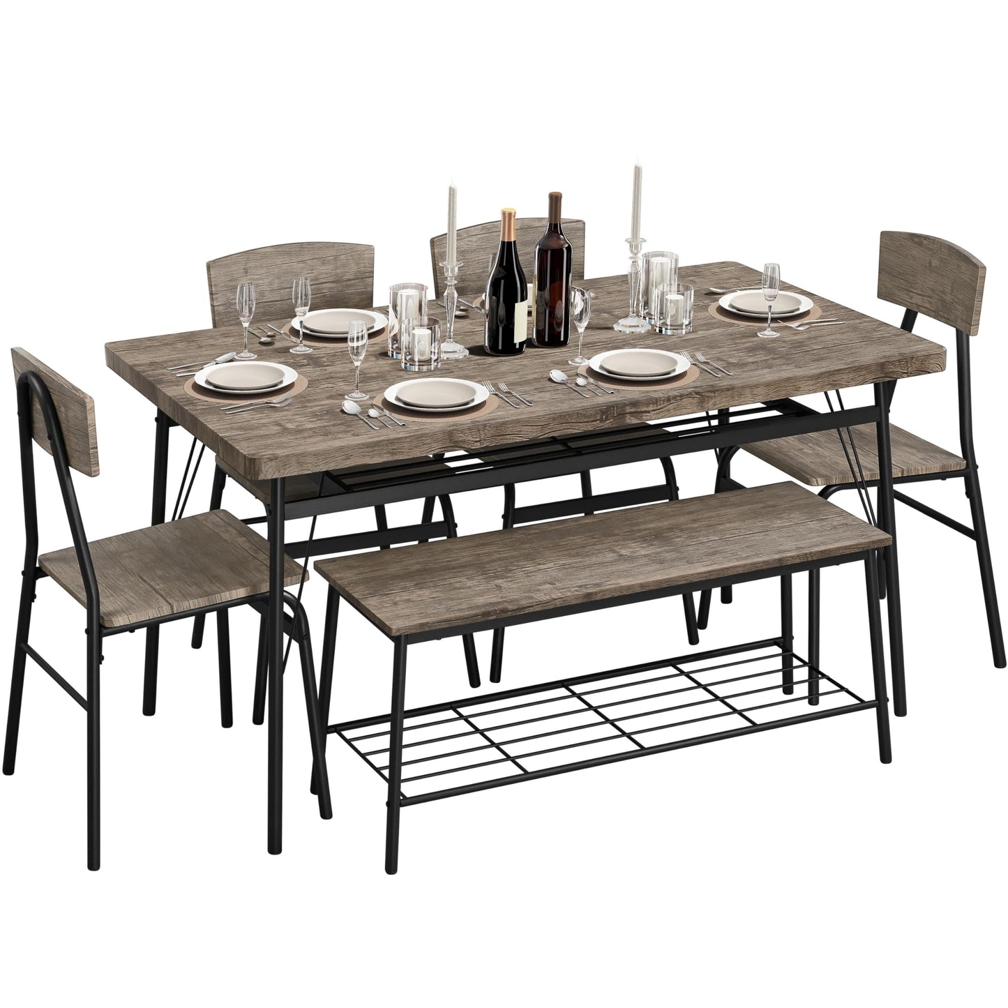 Yaheetech Dining Table Set for 6 Kitchen Table Set with Chairs and Bench 6 Piece Dining Set with 2 Storage Racks, Protective Foot Pads for Dining Room, Kitchen and Apartment, Drift Brown - WoodArtSupply