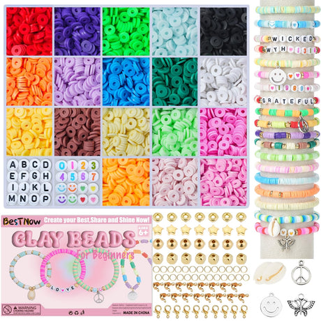 BestNow Clay Beads Bracelet Making Kit Toys for Girls Kids Charms Kit 18 Colors Friendship Bracelet Kit Letter Beads DIY Crafts Teen Girl Gifts Toys for Ages 6 7 8 9 10 11 12 BestNow