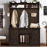 4ever2buy Farmhouse Hall Tree with Storage, 42 Inch Wide Entryway Bench with 2 Sliding Barn Doors, Brown Tall Hall Tree with Coat Rack & Shoe Storage for Living Room 4ever2buy