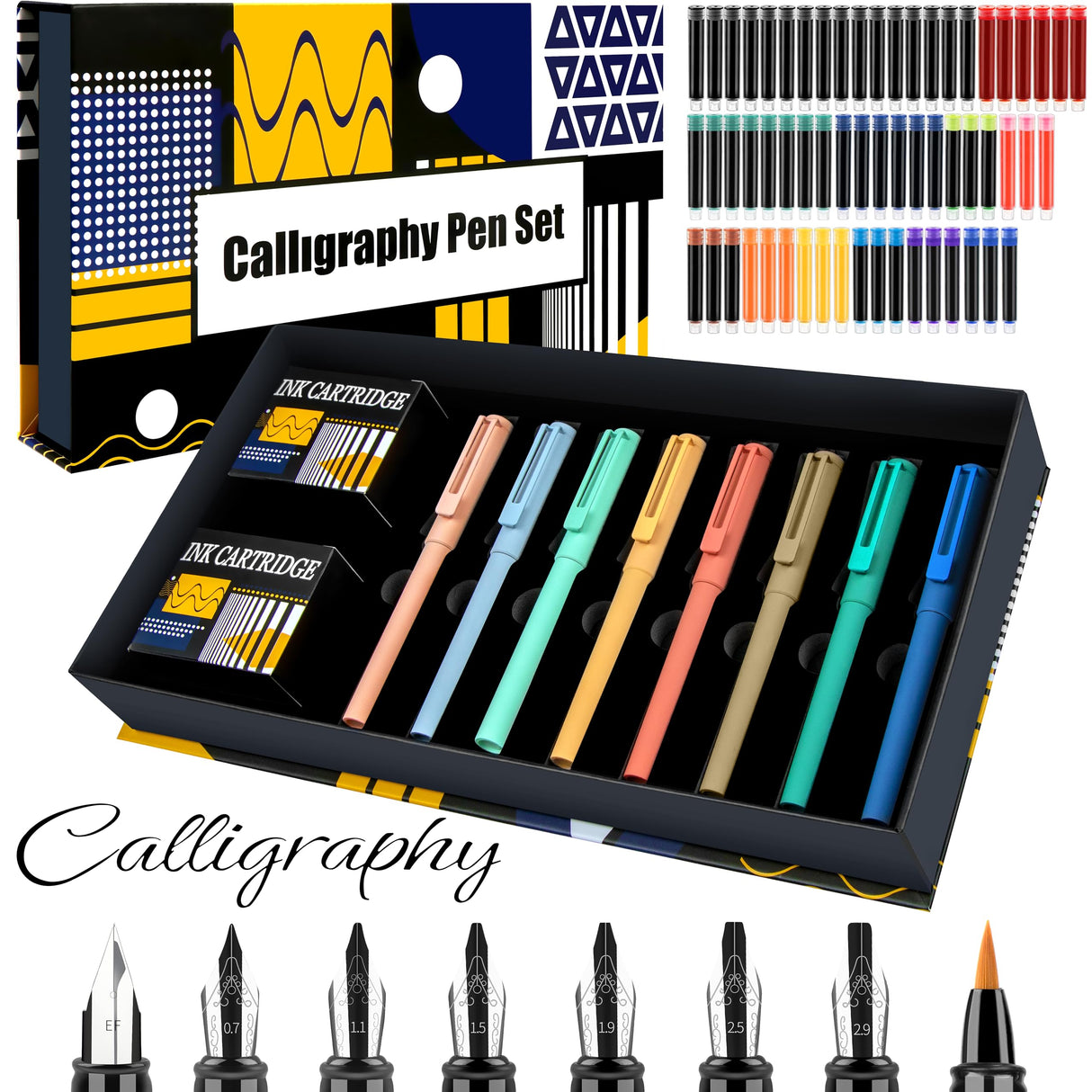 JiaoJiRen Calligraphy Set Fountain Pens with 8 Different Size Nibs and 60 Ink Cartridges(12 Colors),Calligraphy Pen Set for Beginner Writing Drawing Practice JiaoJiRen