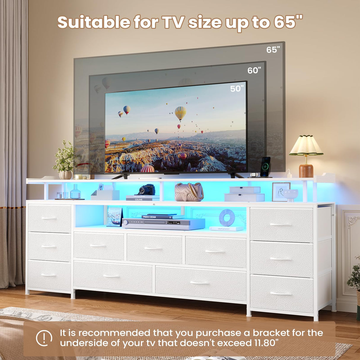 ADORNEVE TV Stand for 65 Inch TV, 63" W TV Console Table with LED Lights & Charging Station, Long Dresser with 11 PU Drawers, Large Entertainment Center with Shelves for Bedroom,White ADORNEVE