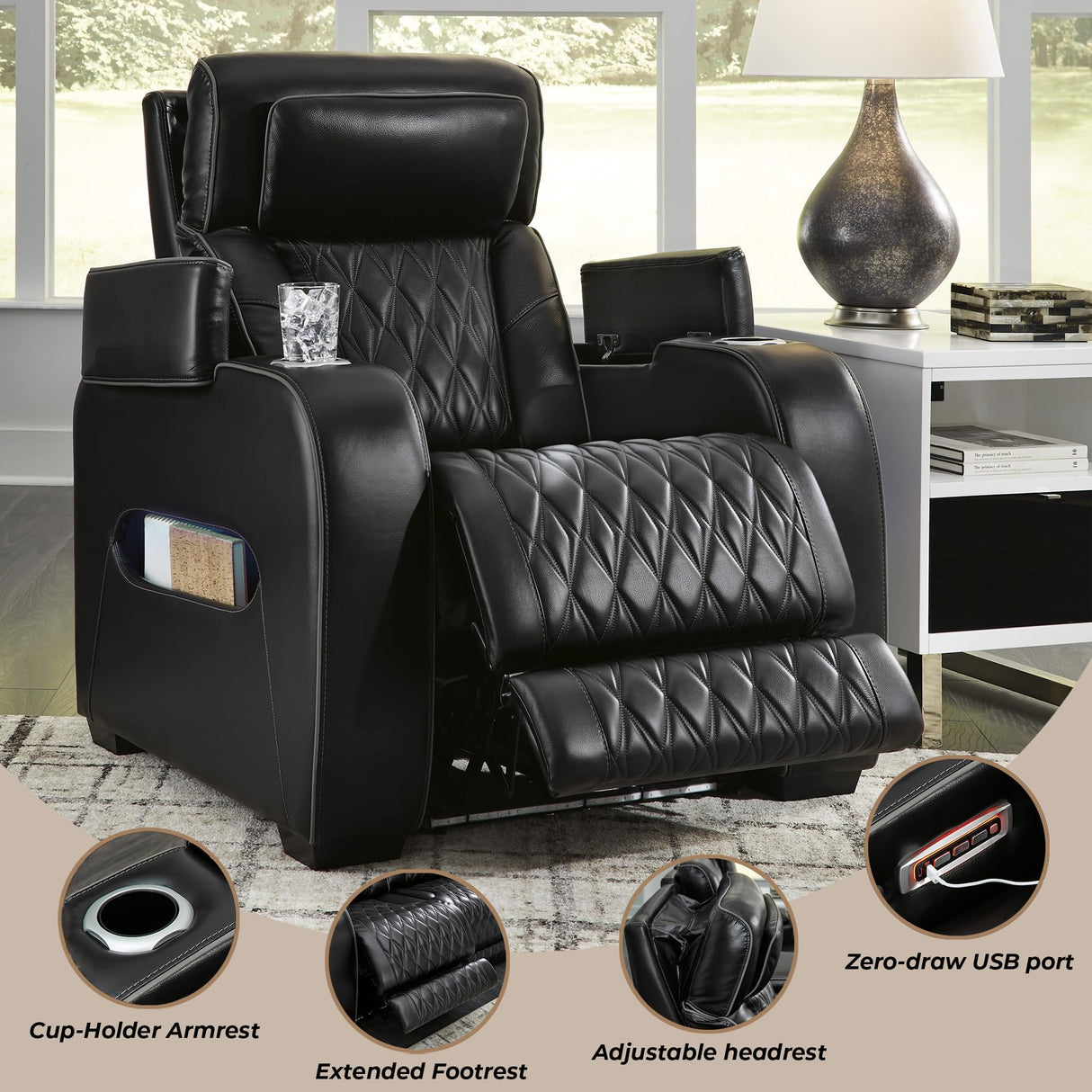Signature Design by Ashley Boyington Contemporary Leather Match Power Recliner with Adjustable Headrest, Cup Holders, USB Port and Air Massage System, Black Signature Design by Ashley