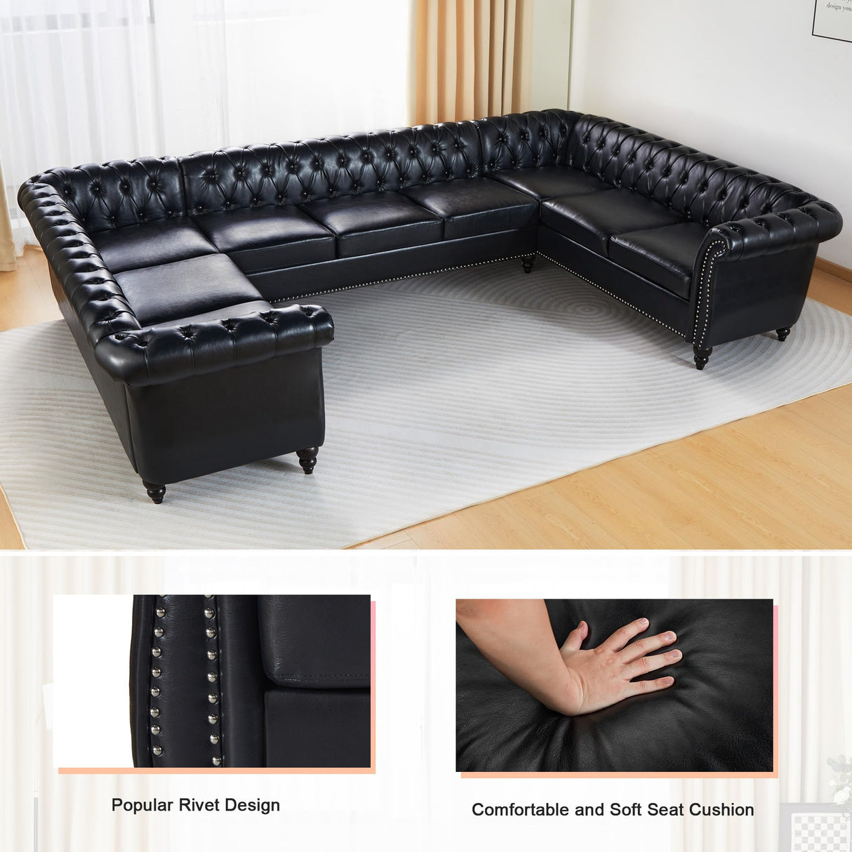 U Shaped Large Sectional Sofa, Chesterfield Leather Faux Couch Tufted Accent Sofa with Scroll Arms and Nailhead for Living Room, Office ORRD