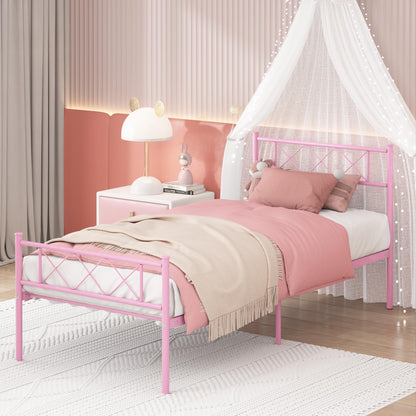 Weehom Twin Bed Frame, Metal Platform Bed Frame with Storage Bed for Kids Girls with Headboard Footboard No Box Spring Needed Pink