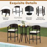 RELAX4LIFE 3-Piece Outdoor Bar Set - Patio Wicker Rattan Bar Height Barstools w/Cushions, Footrest, Round Glass Top Table, High Top Bistro Table & Chairs Set of 2 for Pool Porch Balcony (Brown-Beige) RELAX4LIFE