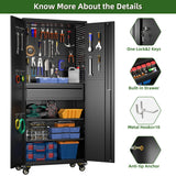 Reemoon 71" H Metal Garage Storage Cabinet with Wheels and Doors,Rolling Tool Storage Cabinet with Pegboard and Drawer for Garage Warehouse Home,Required Assembly,Black Reemoon