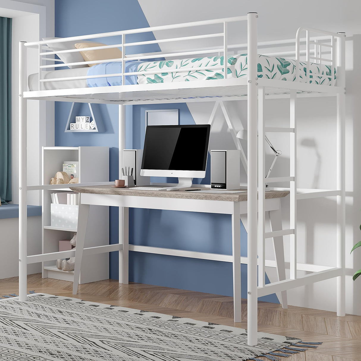 VECELO Metal Loft Bed Twin Size, Heavy Duty Bedframe with Removable Ladder and Safety Guardrail, Space-Saving, Noise Free, No Box Spring Needed, White VECELO