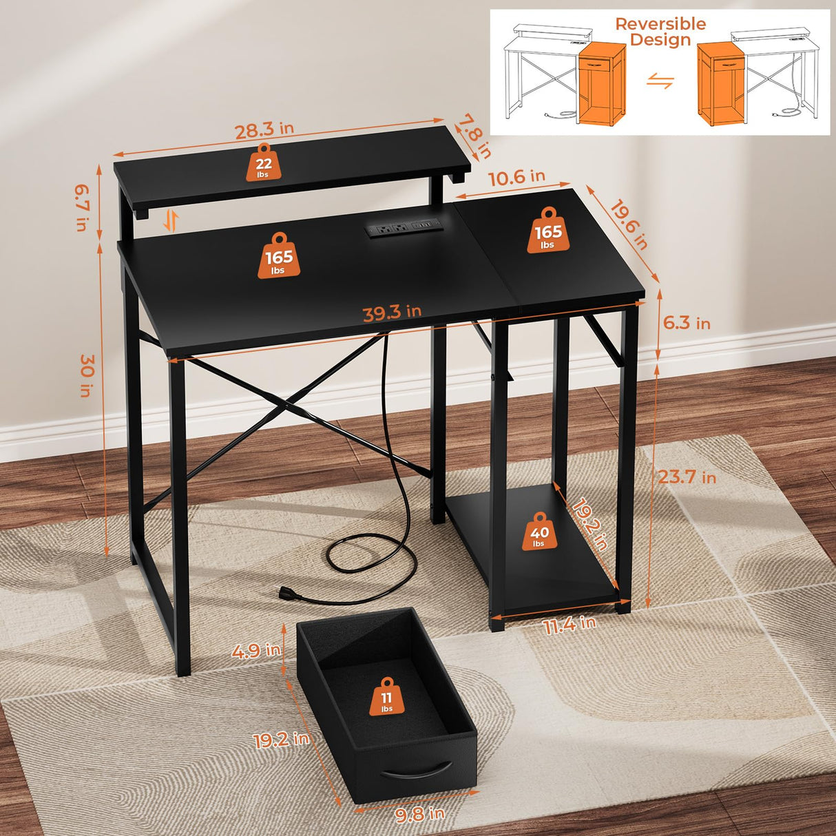 SOROGRA Computer Desk with Adjustable Monitor Stand, 39.4 in Small Desk with Reversible Storage Shelves, Office Desk with Large Desktop Spaces for Home Bedroom Workstation, Black SOROGRA