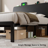 Feonase Full Size Bed Frame with Ergonomic Storage Headboard & Charging Station, LED Platform Bed Frame, Heavy Duty Metal Slats, No Box Spring Needed, Easy Assembly, Black Feonase