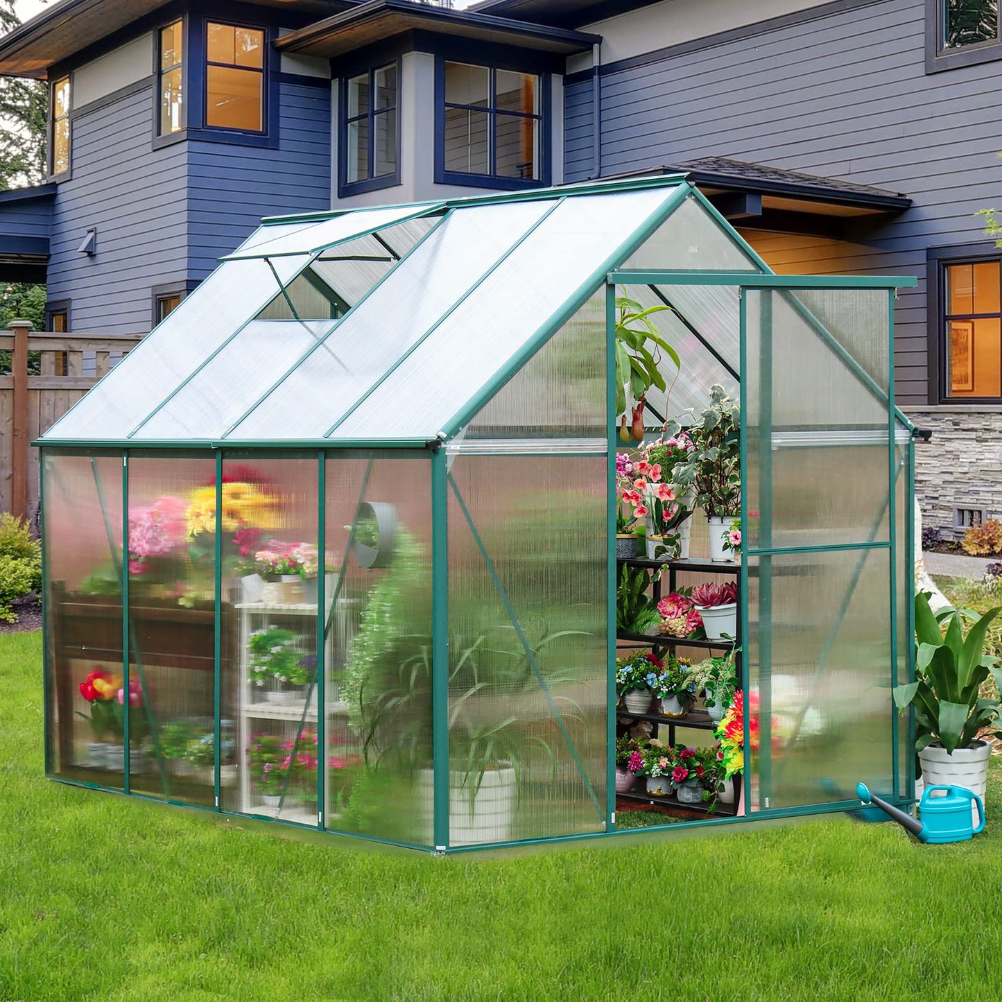 WACASA 8x6 FT Polycarbonate Greenhouse Kit for Outdoors ,Heavy Duty Aluminum Walk-in Greenhouse with Swing Door,Rain Gutter and Ventilation Window,Green House for Sunroom,Garden,Backyard - WoodArtSupply