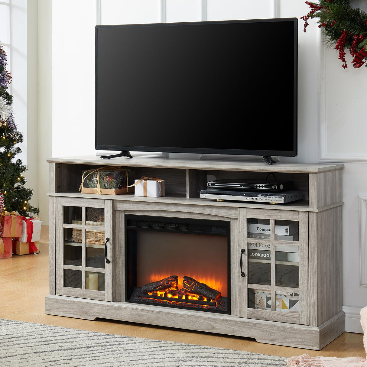58'' Fireplace TV Stand for Television up to 65", Entertainment Center with Storage Cabinet and Shelves, 23'' Detachable Electric Fireplace with Remote&Adjustable Warmth for Living Room/Bedroom, Gray Zelimon