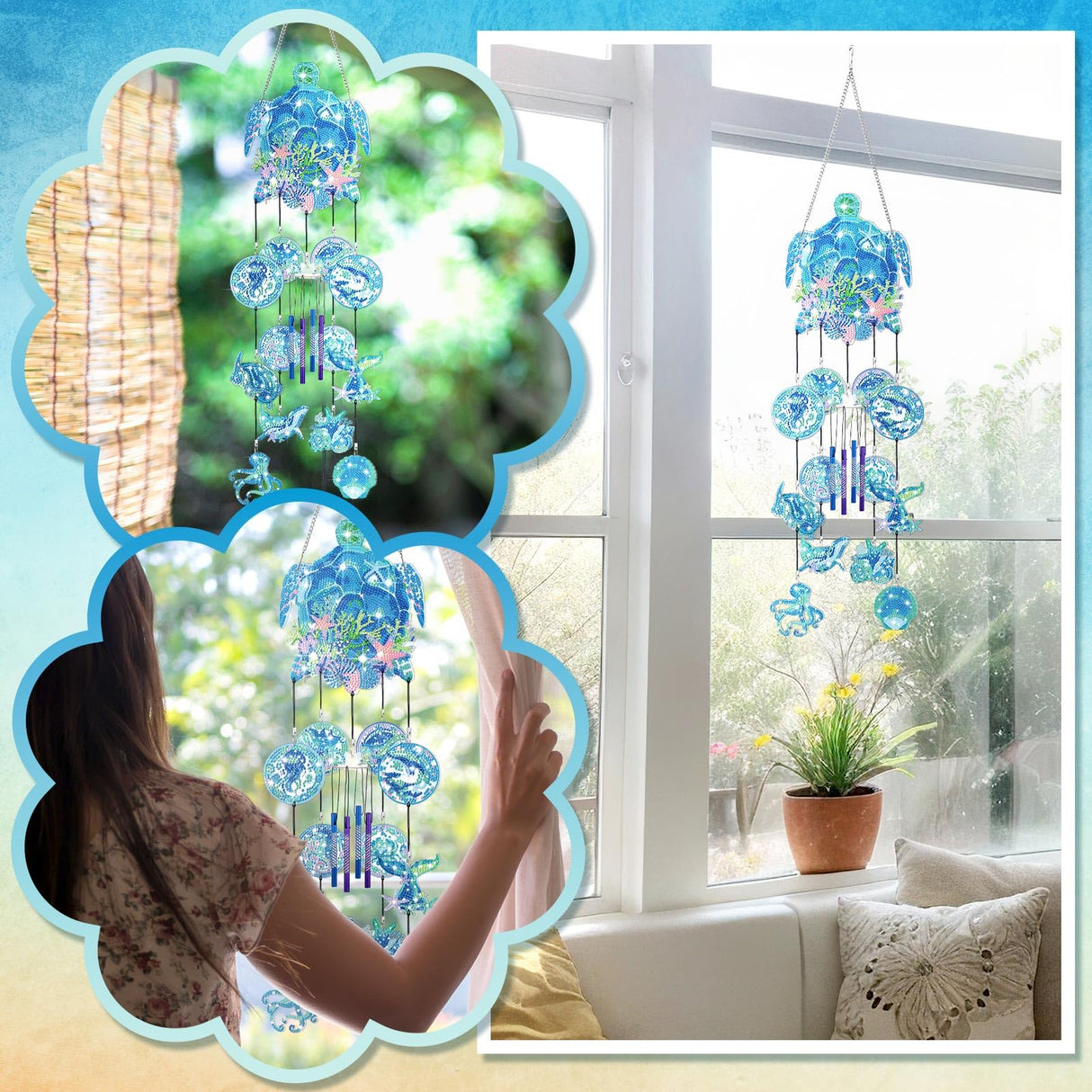 GlikCeil Beach Wind Chimes Diamond Art Wind Chimes Suncatchers Beach Diamond Art Kits with Crystal Pendant Hanging Ornament for Home Garden Patio Backyard Decor(Blue) GlikCeil