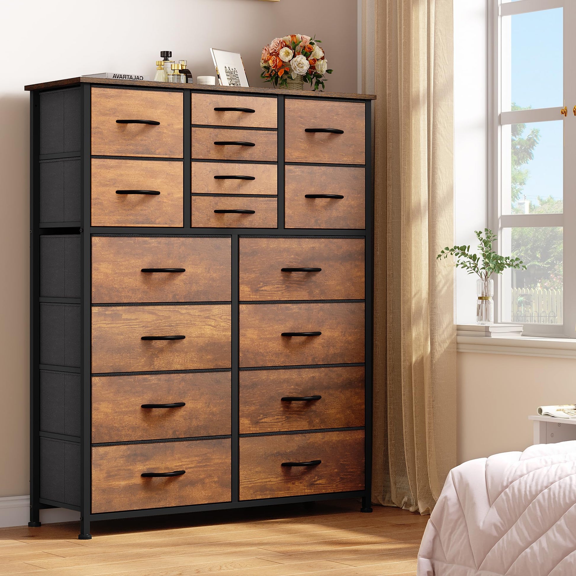 YITAHOME 16 Drawer Dresser, Fabric Dresser for Bedroom, Large Chest of Drawers, Tall Dresser for Bedroom Closet Living Room Entryway with Sturdy Metal Frame and Wooden Top (Rustic Brown) - WoodArtSupply